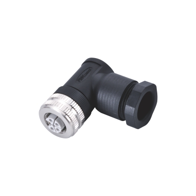 M12 K-coding Female Angled Connector, Field Wirable Assembly, Screw joint, Unshielded, Front fastened, Contacts: 5, IP67