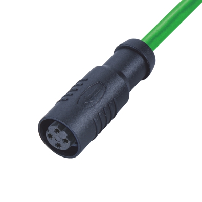 M12 D-coding Female Straight Connector, Molded Cable, Snap-in, Unshielded, Contacts: 4, IP65