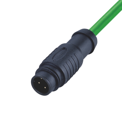 M12 D-coding Male Straight Connector, Molded Cable, Snap-in, Unshielded, Contacts: 4, IP65