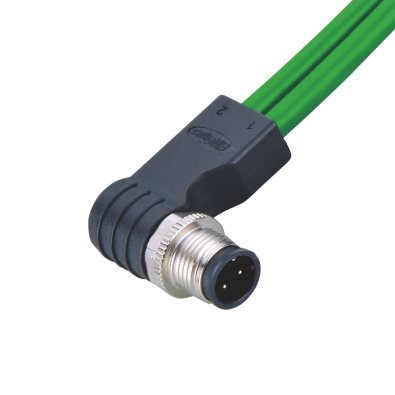 M12 D-coding Male Angled Connector, Molded 2 Cables, Shielded, Contacts: 4, IP67/IP68/IP69K