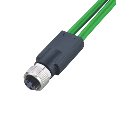 M12 D-coding Female Straight Connector, Molded 2 Cables, Shielded, Contacts: 4, IP67/IP68/IP69K