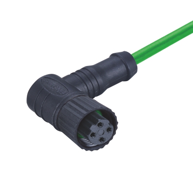 M12 D-coding Female Angled Connector, Molded Cable, Plastic, Unshielded, Contacts: 4, IP67/IP68