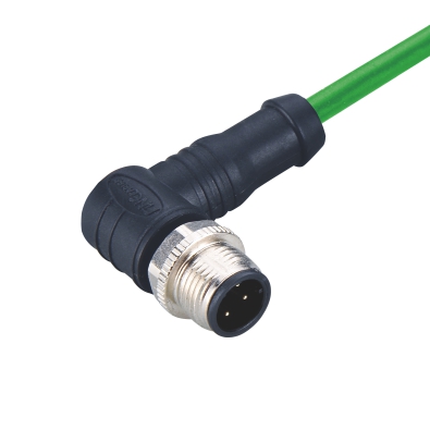 M12 D-coding Male Angled Connector, Molded Cable, Shielded, Contacts: 4, IP67/IP68/IP69K