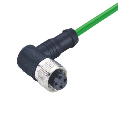 M12 D-coding Female Angled Connector, Molded Cable, Unshielded, Contacts: 4, IP67/IP68/IP69K