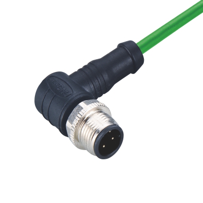 M12 D-coding Male Angled Connector, Molded Cable, Unshielded, Contacts: 4, IP67/IP68/IP69K