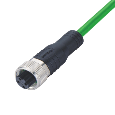 M12 D-coding Female Straight Connector, Molded Cable, Plastic, Shielded, Contacts: 4, IP67/IP68/IP69K