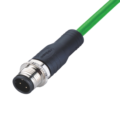 M12 D-coding Male Straight Connector, Molded Cable, Plastic, Shielded, Contacts: 4, IP67/IP68/IP69K