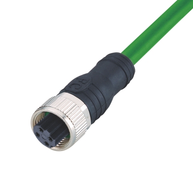 M12 D-coding Female Straight Connector, Molded Cable, Unshielded, Contacts: 4, IP67/IP68/IP69K