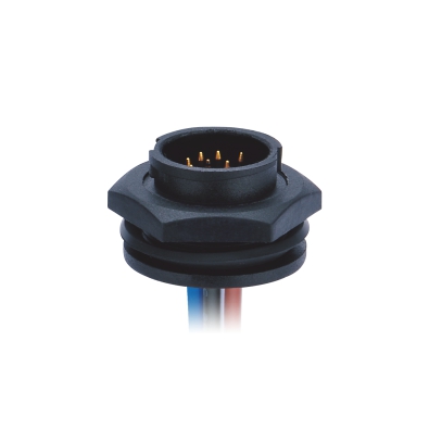 M16 Male Straight Connector, Solder Panel Mount, Quick-lock, Front Fastened, Contacts: 9, Unshielded, IP65/IP67